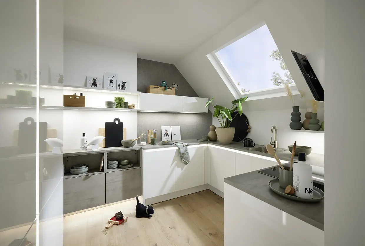 LUX White high-gloss · STONE Concrete kitchen by Nolte
