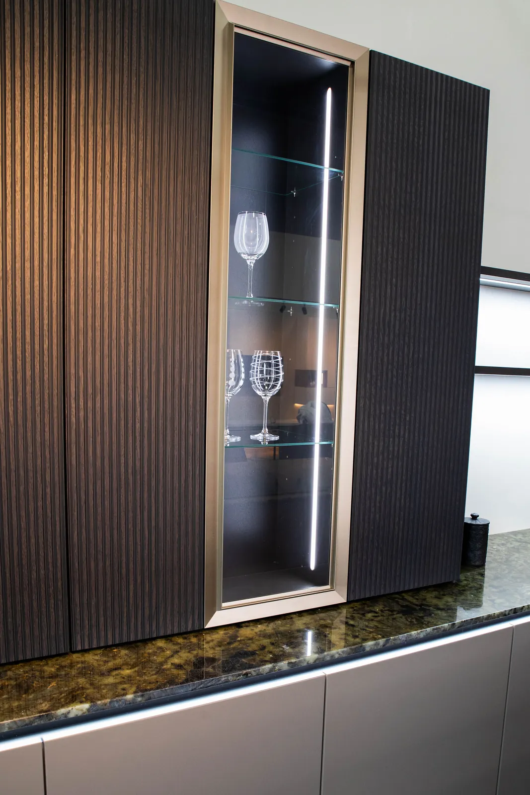 Dark wood, glass and stone