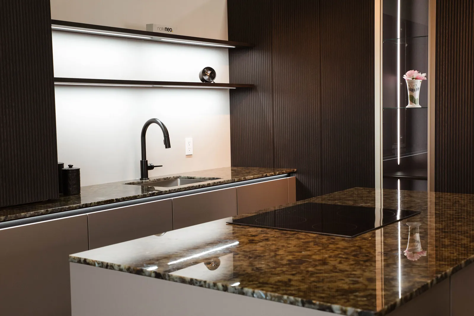 Dark wood, glass and stone